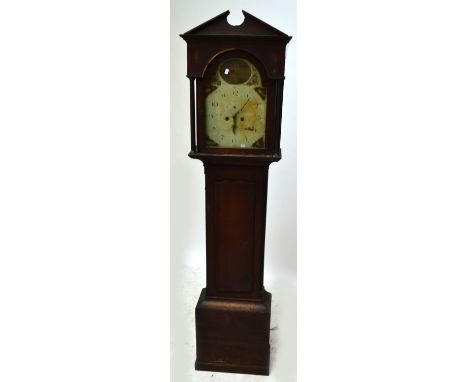 A 19th century oak longcase clock with arched painted dial and eight day movement, long door and plinth base, for restoration