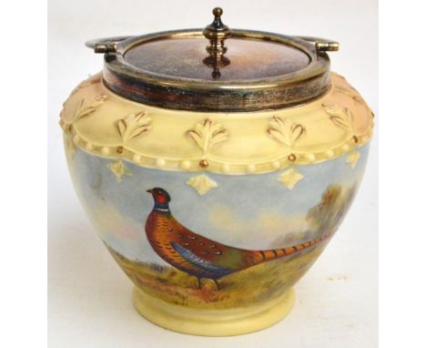 A Locke & Co Worcester blush ivory biscuit barrel of baluster form decorated with a pheasant signed "E. Blake" with silver pl