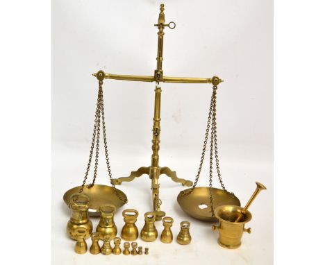 DOYLE & SON, LONDON; a pair of late 19th century scales with circular pans raised on tripod, a set of fourteen weights and a 