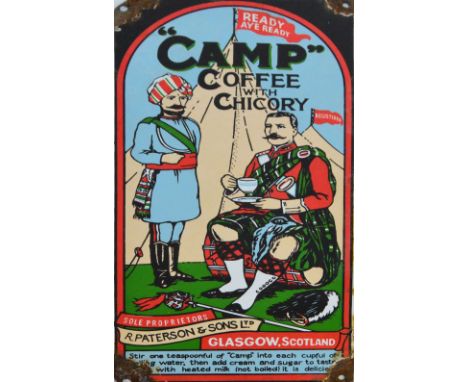 A rare vintage "Camp Coffee with Chicory" polychrome enamel sign, 36 x 16.5cm. CONDITION REPORT: Each corner has got losses t