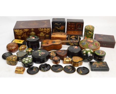 A collection of various lacquer and papier-mâché boxes including a chinoiserie decorated jewellery box, 30 x 18 x 13cm, two J