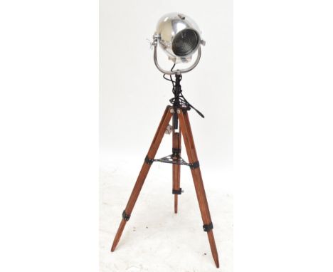 A Strand Patt polished electric theatre lamp on modern tripod base, height 130cm