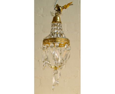 A brass and crystal glass 'tent and bag' chandelier, height approx 80cm, and a smaller example, height approx 50cm (af) (2).