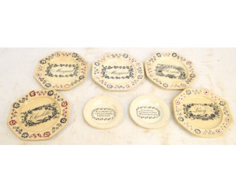 A set of five mid 19th century Staffordshire Pratt type plate of octagonal form, with raised floral border and each plate cen