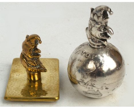 An R. Gaunt of London silver plated Mr Punch "Always on Top" self-righting globe paperweight, height 12.5cm, and a brass Mr P