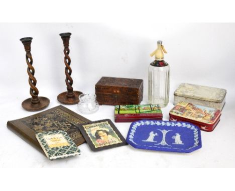 A quantity of collectors' items including a pair of oak rope twist candlesticks, a Wedgwood jasperware rectangular plate, a c