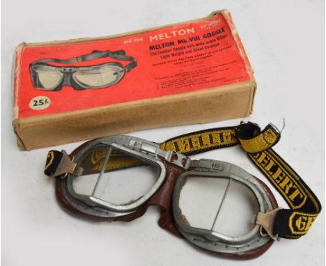 A pair of boxed vintage Melton Mk.VIII leather goggles, no 21133, with wide angle vision, with associated strap.
