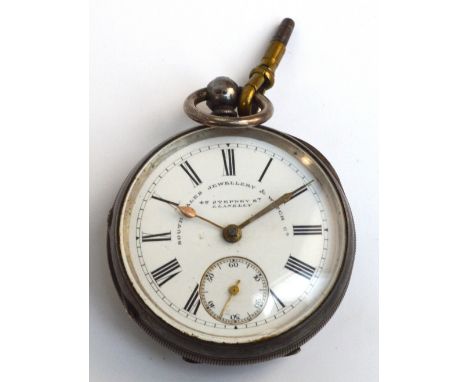 A key wind silver cased pocket watch with engine turned decoration and vacant shield cartouche, the white enamel dial set wit