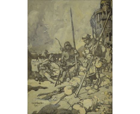 STEPHEN BAGHOT DE LA BERE (1877-1927); grisaille watercolour, "Waiting for the Leave Boat AD 1346", signed lower left, inform