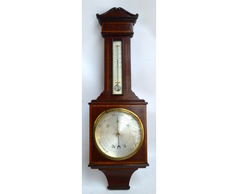 An Edwardian mahogany and satinwood banded barometer/thermometer with circular dial within a square section case, length 84cm