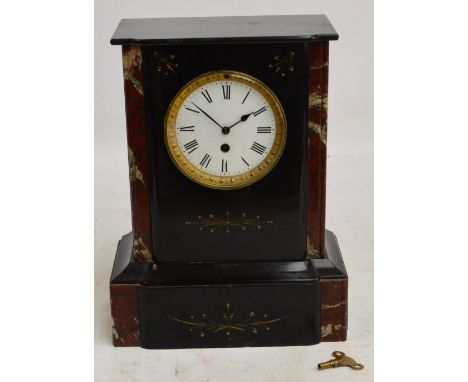 A large Victorian slate thirty hour mantel clock, the circular dial set with Roman numerals flanked with marble panels, heigh