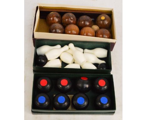 Three boxed sets of games; Townsend Croquet Ltd "Carpet Skittles" and "Mini Carpet Bowls", and a wooden William Lindop Ltd "T