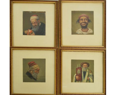 A set of four oils on board miniature portraits, three depicting rabbi, one holding a scroll, one peeling an orange, and a po