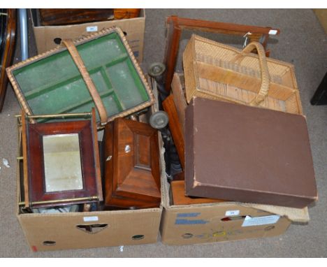 Two boxes of collectables including a mahogany sarcophagus form tea caddy for restoration, various treen items, a mirrored sh