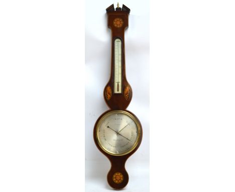 A 19th century mahogany and inlaid banjo barometer and thermometer, the dial inscribed "Verga Macclesfield", height 95cm (res
