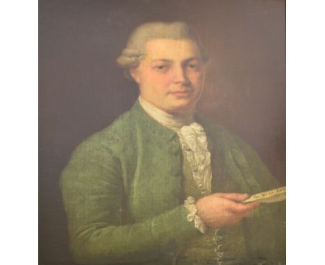 MID 18TH CENTURY ENGLISH SCHOOL; oil on canvas, portrait of a man wearing green jacket and white rough, spuriously inscribed 