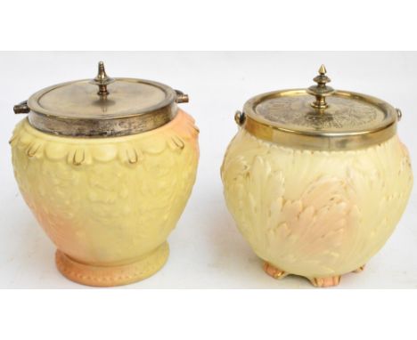 A Locke & Co Worcester blush ivory biscuit barrel with gilt heightened moulded leaf decoration, shape 56, with silver plated 