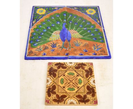 Four decorative tiles, forming a peacock with floral spandrels, and another tile (5). CONDITION REPORT: Condition is good. Po