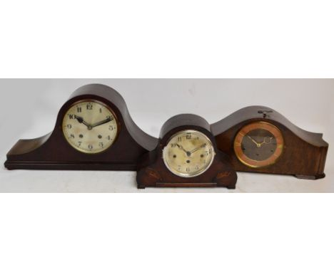 A c.1930s German Isgus mahogany cased Napoleon's hat Westminster chiming mantel clock, the eight day movement stamped 2436, t