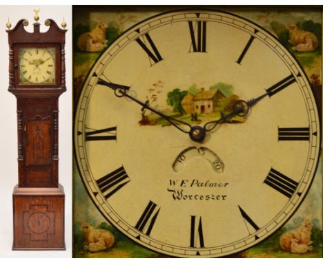 A 19th century mahogany and oak veneered longcase clock, the broken swan neck pediment above square dial with painted spandre