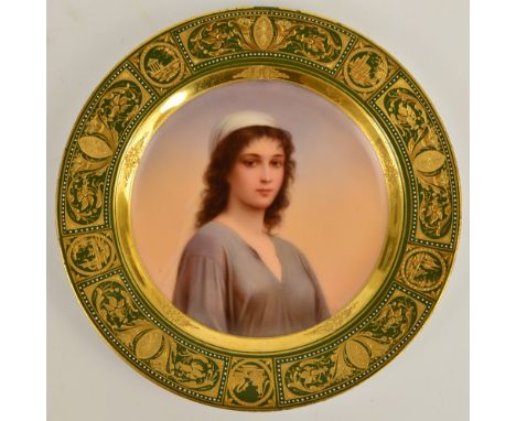 A c1898 small Vienna plate decorated with a portrait of Ruth signed Gräf, with gilt border on green ground, inscribed "Ruth D
