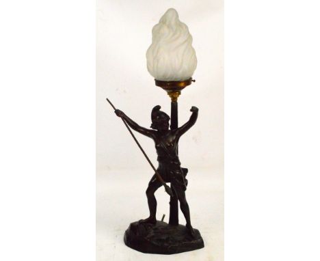 A late 19th century spelter figural table lamp with frosted shade and shaped base, height 56.5cm.
