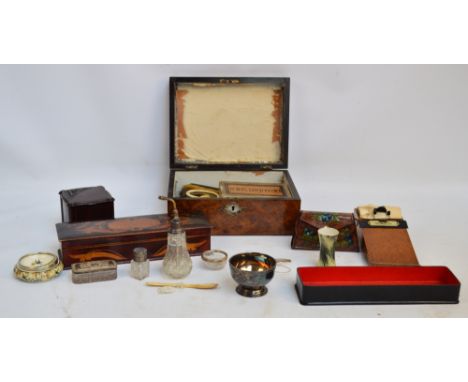 A group of collectors' items, including a purse shaped "Lyons Toffee Scotch" tin, an oak "Deskette", an inlaid Art Nouveau st