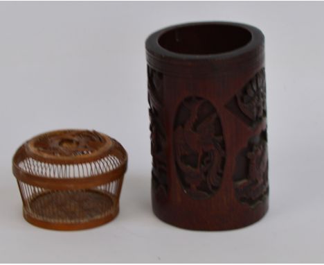 A Chinese bamboo brush pot decorated with panels depicting people in architectural landscape, three phoenixes and animal, hei