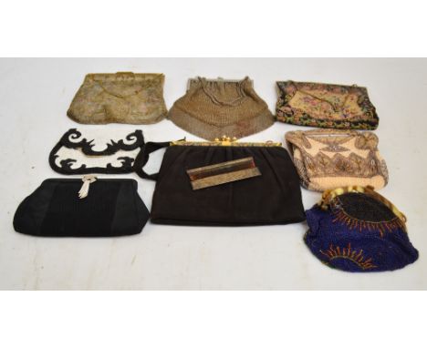 A collection of vintage evening bags including a mesh chain example, a tapestry example, and several beaded examples, etc, al