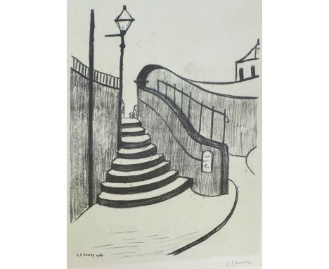 LAURENCE STEPHEN LOWRY (1887-1976); a signed limited edition lithograph "Old Steps, Stockport", signed in pencil lower right,