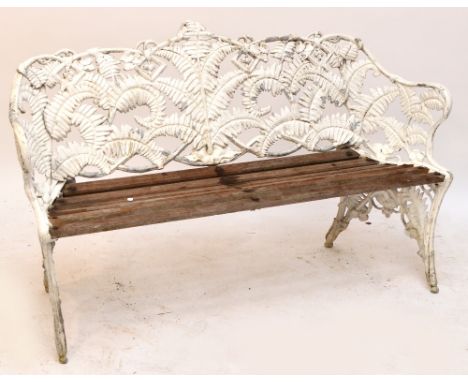 A Coalbrookdale style cast aluminium blackberry and fern pattern garden bench with wooden slatted seat.