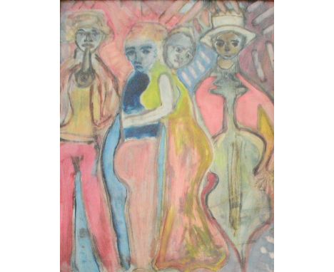 UNATTRIBUTED; mixed media, four figures, two playing musical instruments, unsigned, 91 x 70cm, framed and glazed.