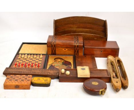 A quantity of treen to include an ivory and ebony inlaid cribbage board, a travelling mirror, a letter rack, an inlaid workbo