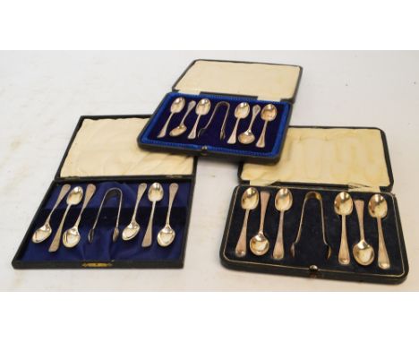 Three cased set of six English hallmarked silver coffee spoons with matching tongs, Henry Wilkinson & Co, Sheffield 1879, Coo