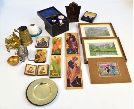 A group of collectors' items including a portable communion set, a small crucifix tabernacle, various small modern icons, two