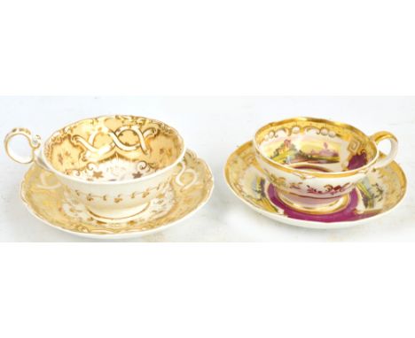 Two 19th century hand painted and gilt heightened cabinet cups and saucers, Staffordshire, one by Hicks & Meigh, decorated  w