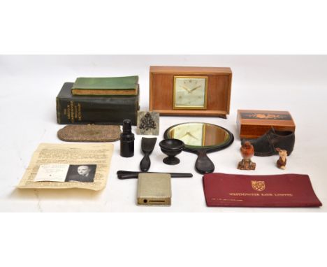 A group of collectors' items including an ebonised hand mirror, shoe horn, scent bottle, glove stretchers, a Victorian child'