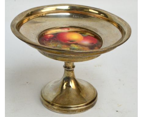 A George IV hallmarked silver circular comport set with Royal Worcester porcelain plaque depicting apples and cherries, signe