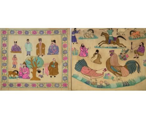 Two early 20th century Indian silk embroidered pictures with naive hunting scenes, birds, animals and figures, one with decor