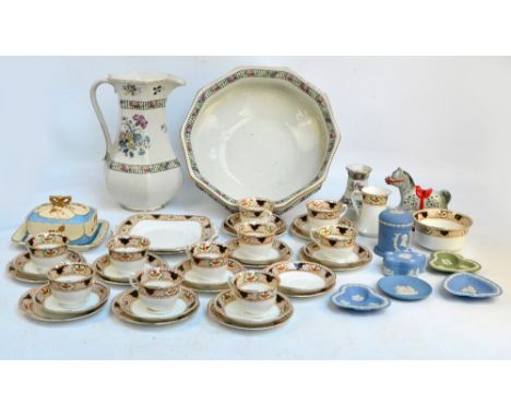 A quantity of decorative ceramics including a Royal "Vale" tea set, toilet jug and bowl, a Goebel rocking horse money bank, W