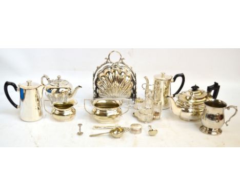 A small quantity of electroplated items including a three piece tea service, a tankard with presentation inscription, a muffi