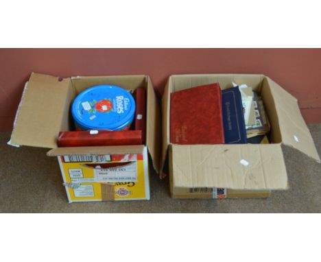 WORLD; carton with unsorted mass in tins and envelopes, mostly unopened Royal Mail envelopes of mint sets in packs, plus gutt