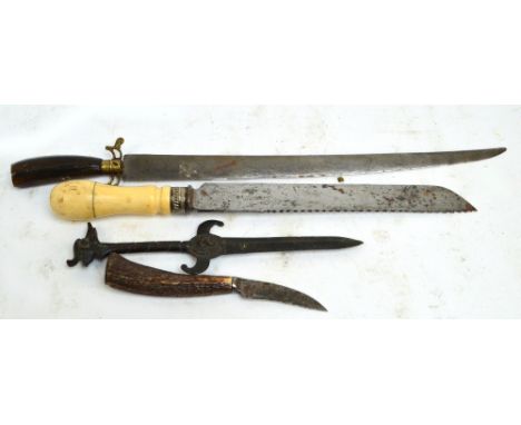 A 19th century antler handled knife, an ivory handled carving knife, an iron dagger and a horn handled knife (4).