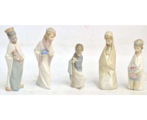 Five Lladro figures depicting characters from the Nativity scene; Mother Mary and child, three kings and a shepherd (5). COND