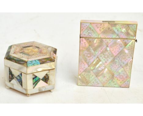 A Victorian mother of pearl card case of rectangular form with floral decoration etched to each lozenge shaped tile, 10 x 8cm