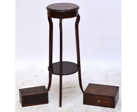 An Edwardian mahogany and inlaid two tier circular jardiniere stand, a sewing box and a Victorian oak trinket box (3).