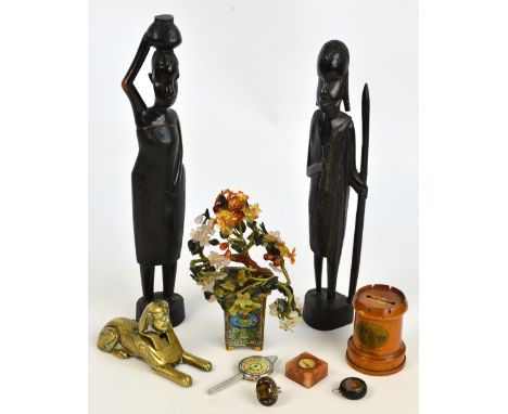 A small quantity of collectors' items including a brass inkwell in the form of a sphinx, a mauchline ware money box, a compas