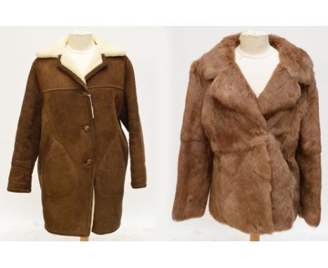 A vintage mid brown fur jacket with silk lining, size 16, and a three quarter sheepskin car coat (2).