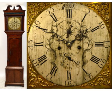 An early 19th century oak and mahogany crossbanded longcase clock, the hood with broken swan neck pediment above square secti