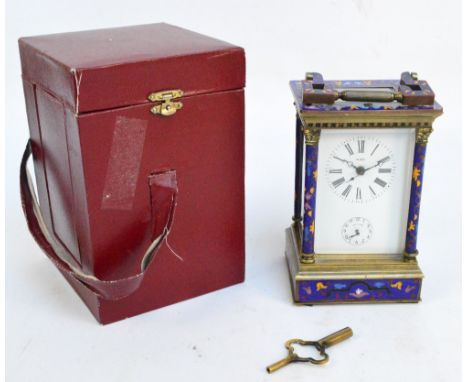 A mid 20th century Chinese brass and cloisonné enamel carriage clock made for European market, the rectangular face with circ